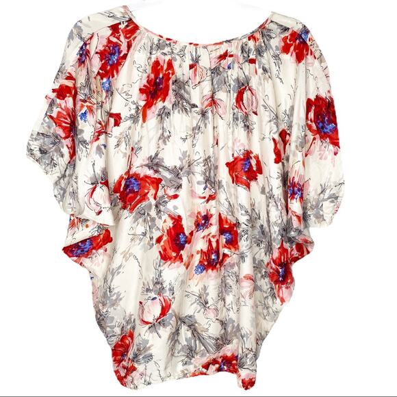 CAbi # 399 100% Silk Gypsy White Dolman Red Floral Blouse Small - Picture 6 of 7